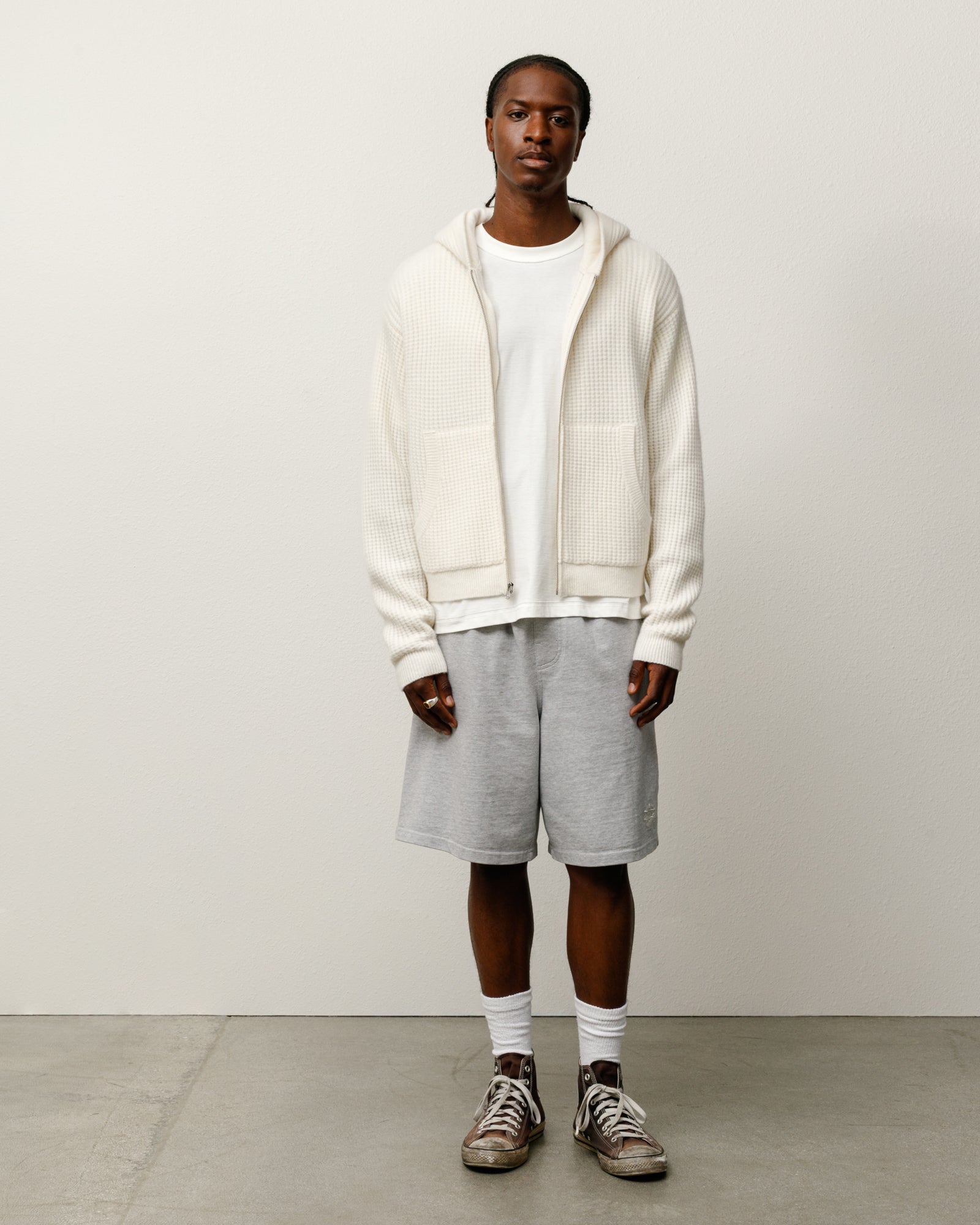 WAFFLE CASHMERE ZIP HOOD SWEATER